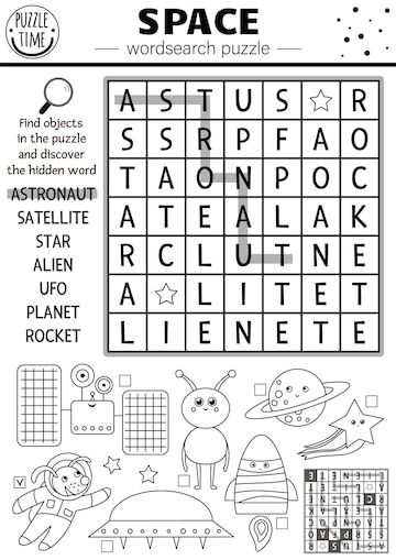 Premium vector vector black and white space wordsearch puzzle for kids simple astronomy crossword activity with ufo astronaut star planet rocket alien solar system cross word or coloring pagexa