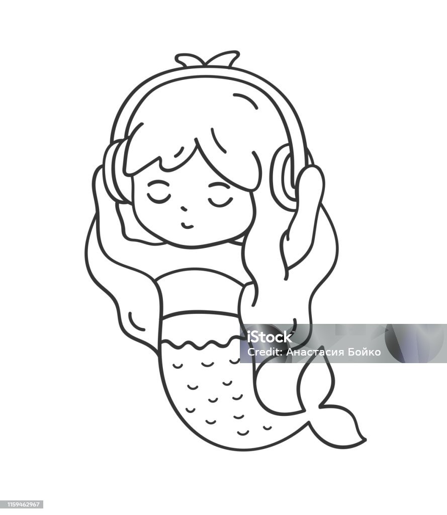 Mermaid in headphones listening to music cute cartoon character for emoji sticker pin patch badge stock illustration