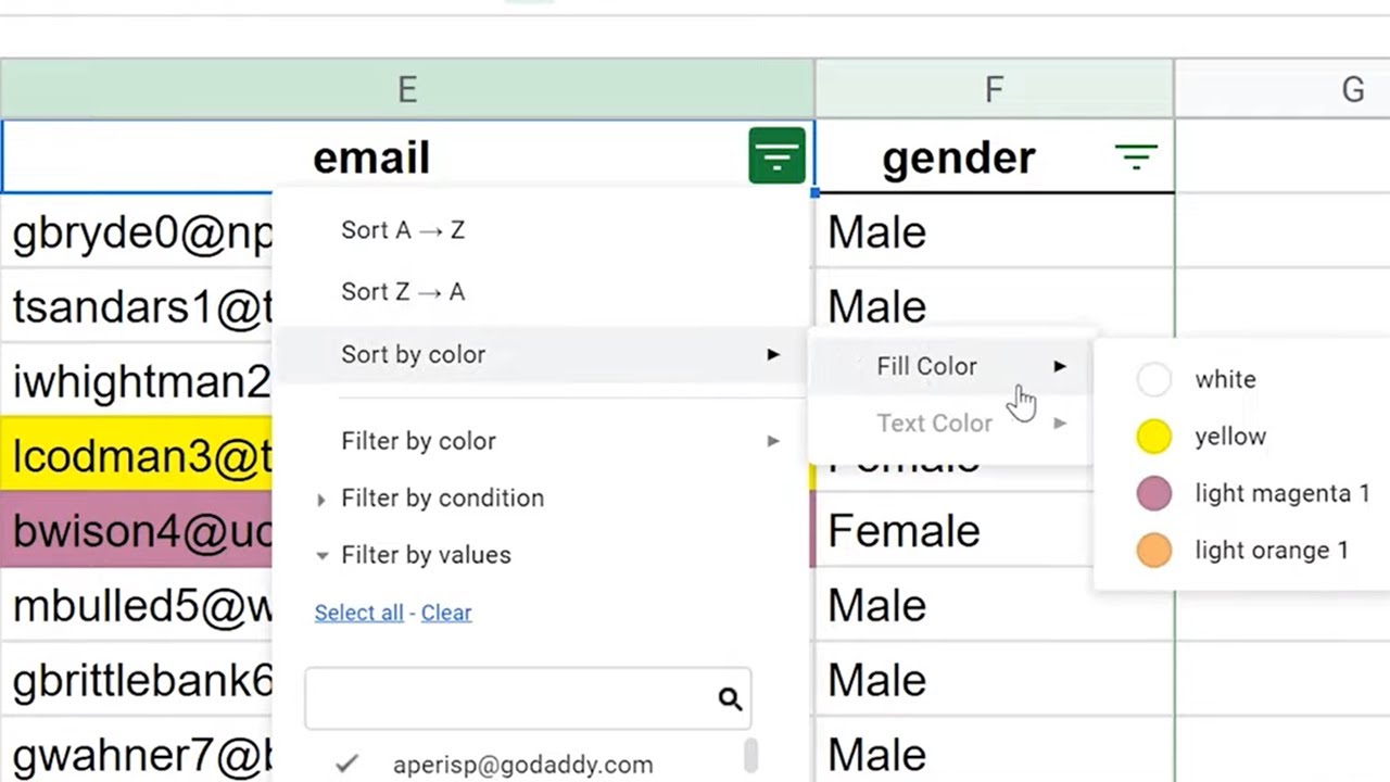 How to use the sort by color feature in google sheets