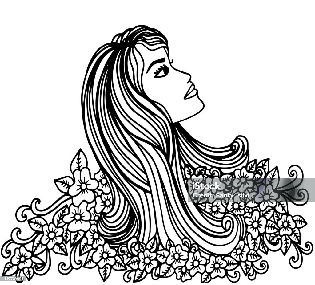 Girl with flowers contoured image illustration coloring drawing activity beauty spa health spa human hair stock illustration
