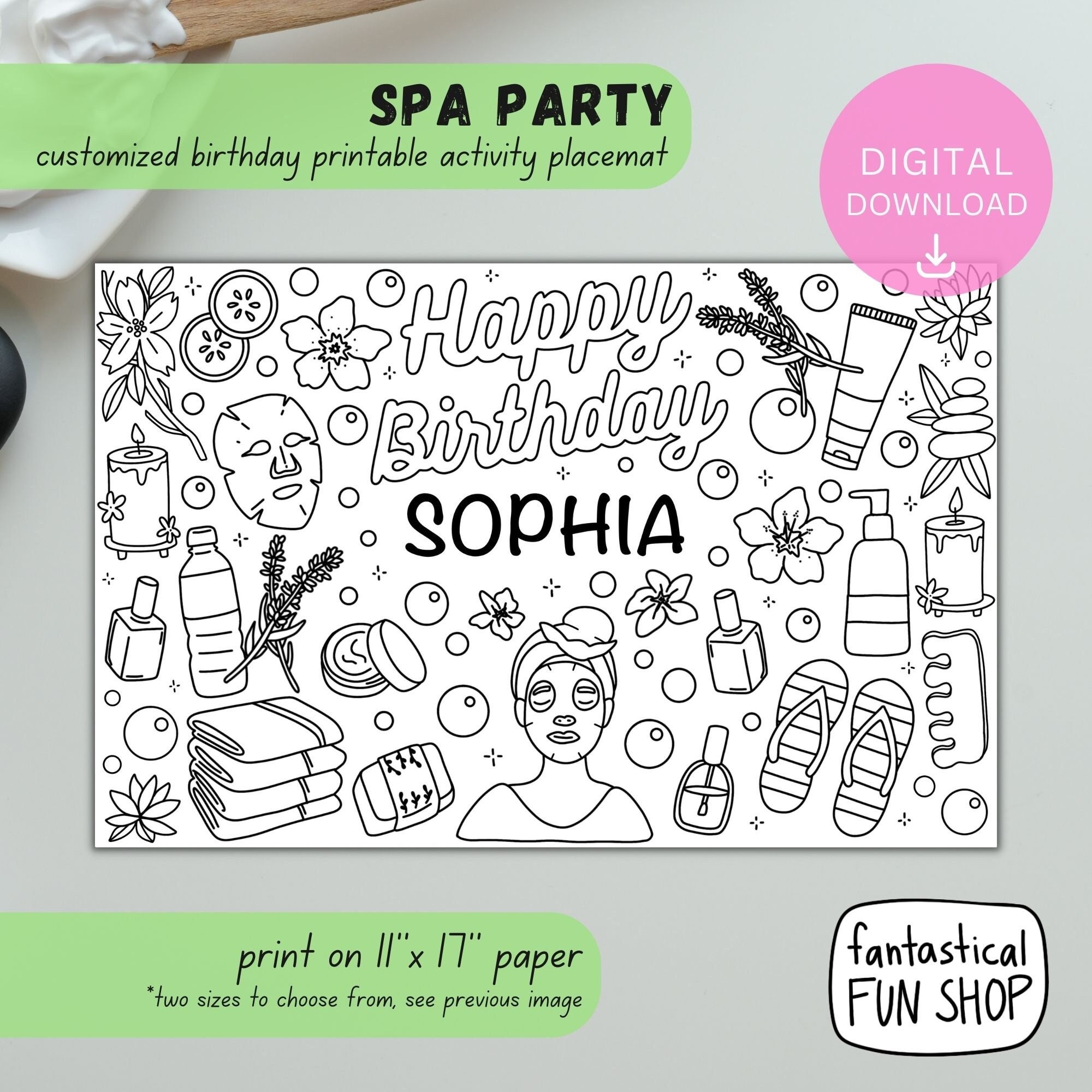 Spa birthday party printable custom coloring page personalized spa party sparty pamper party party activity digital download