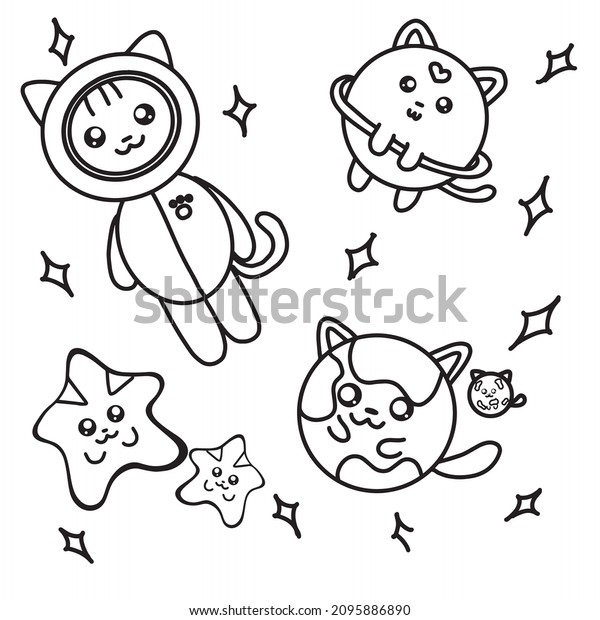 Linear collection cats space planets rockets stock vector royalty free