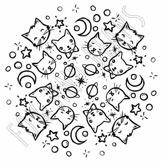Kitten galaxy printable coloring page digital file cats space cute galactic kawaii adult coloring all ages instant download