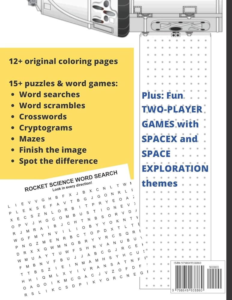 Spacex fan coloring puzzle and game book featuring exciting achievements from spacex word puzzles with insightful messages from elon musk and space exploration games inspiring space for kids by