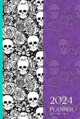 Sugar floral skull weekly and monthly planner with coloring pages yearly overview events birthdays list passwords goals months x inches trilingual english spanish and french