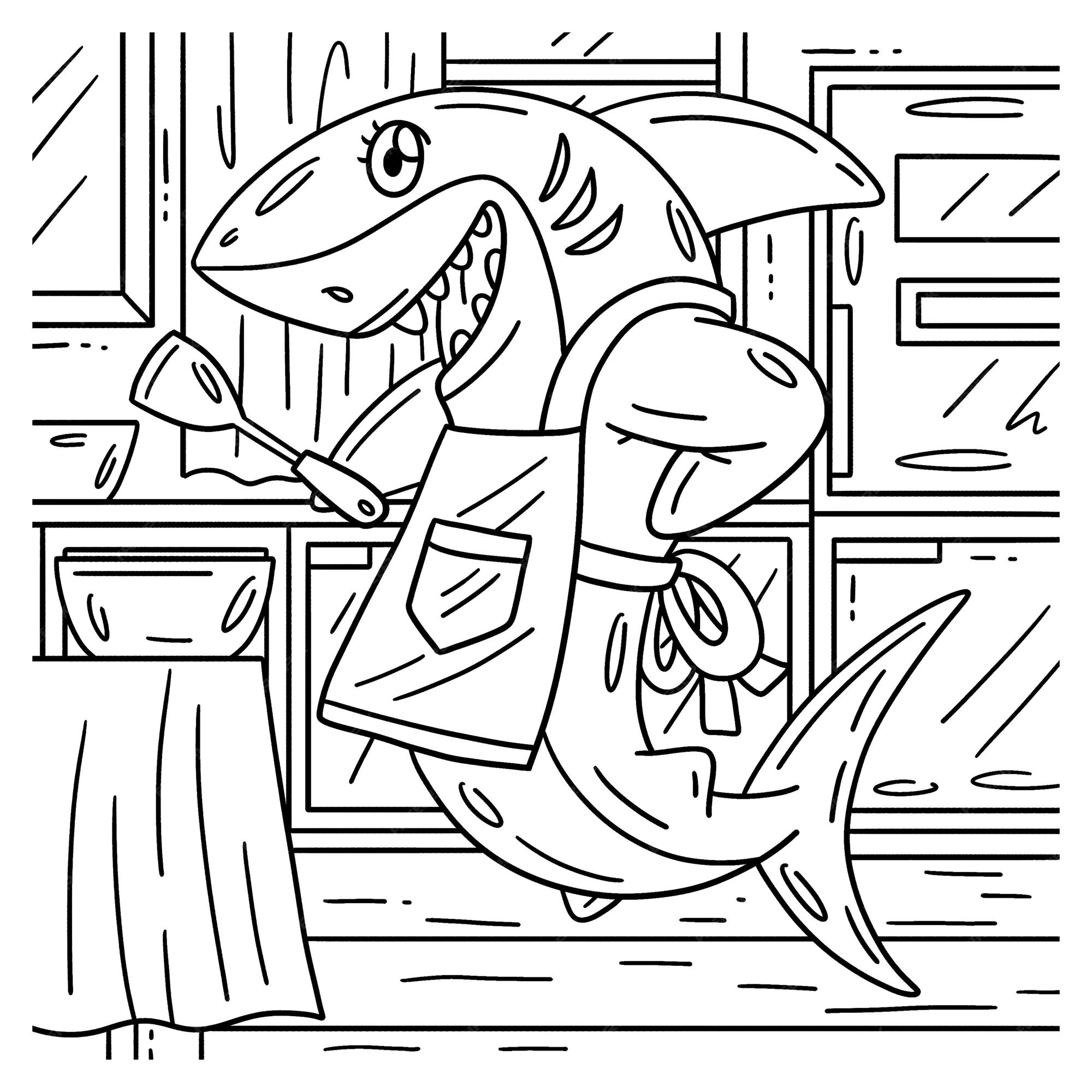 Premium vector a cute and funny coloring page of a shark with an apron and spatula provides hours of coloring fun for children to color this page is very easy suitable