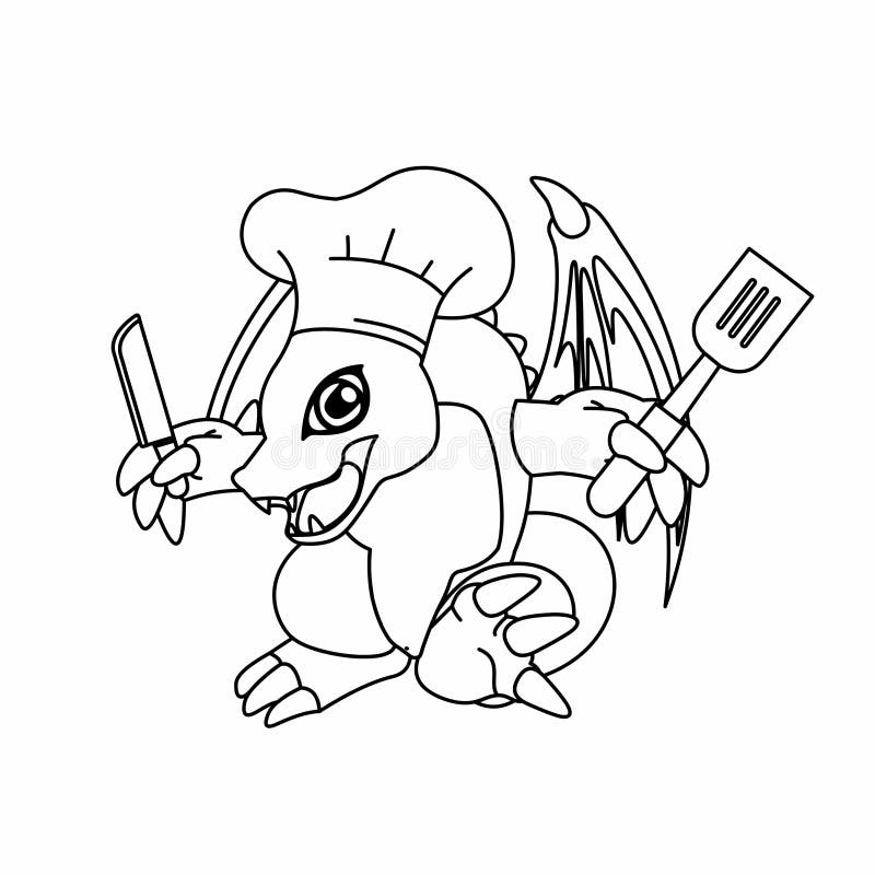 Coloring dragon chef carry spatula and knives cartoon cute funny character flat design stock illustration