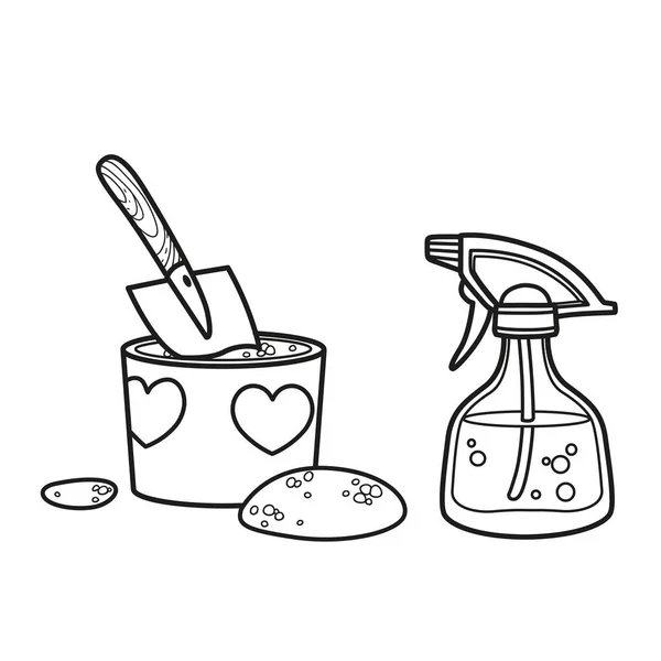 Pot soil spatula spray bottle watering linear drawing isolated white stock vector by yadviga