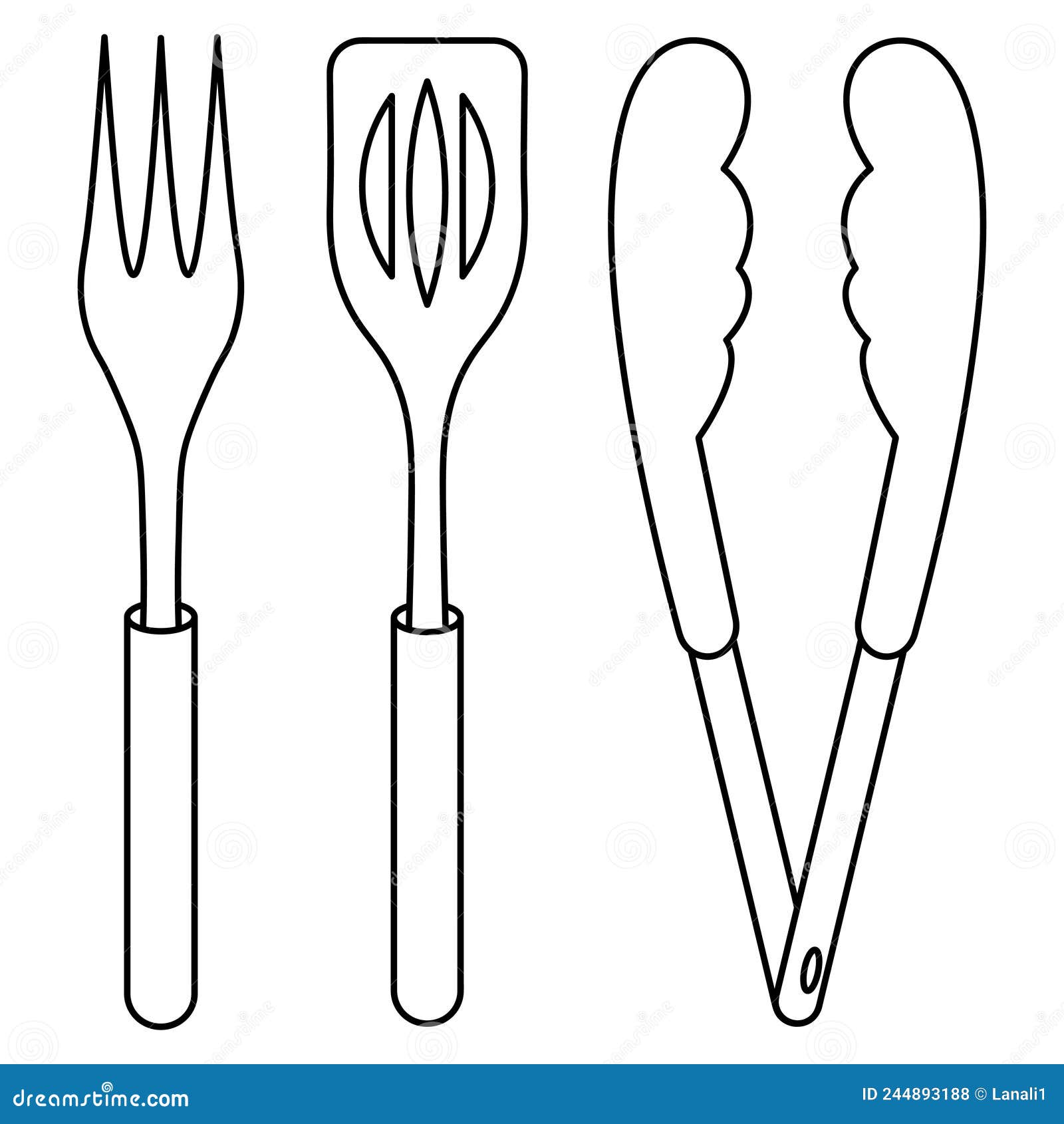A set of barbecue tools sketch a large barbecue fork with three prongs a spatula and tongs vector illustration stock vector