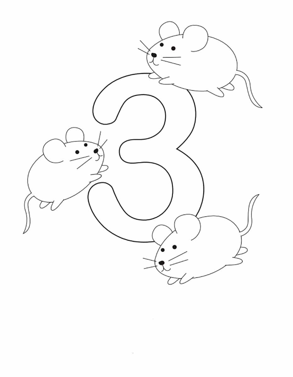 Drawing of the number three with three mice for coloring coloring page
