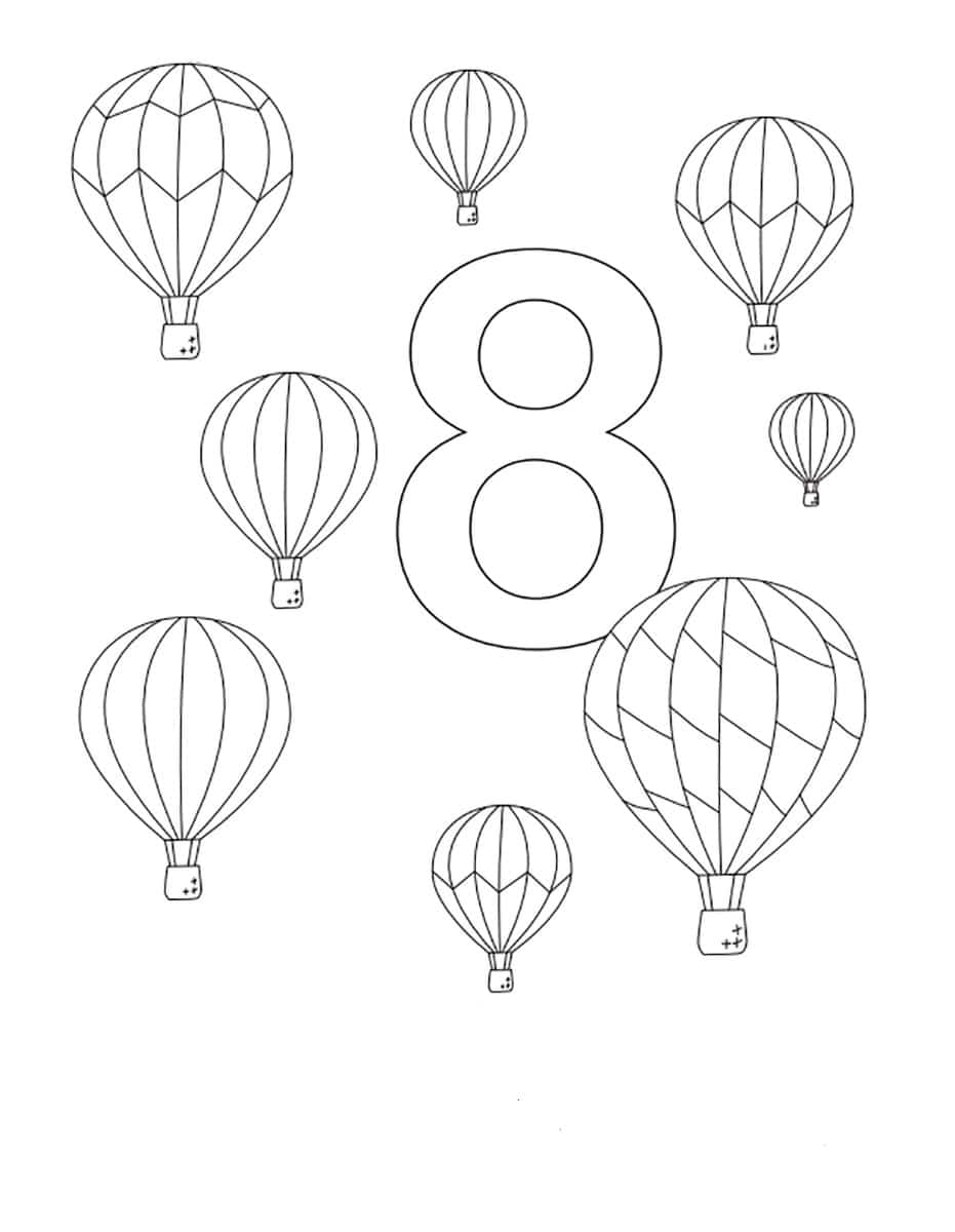 Number eight and eight balloons coloring page