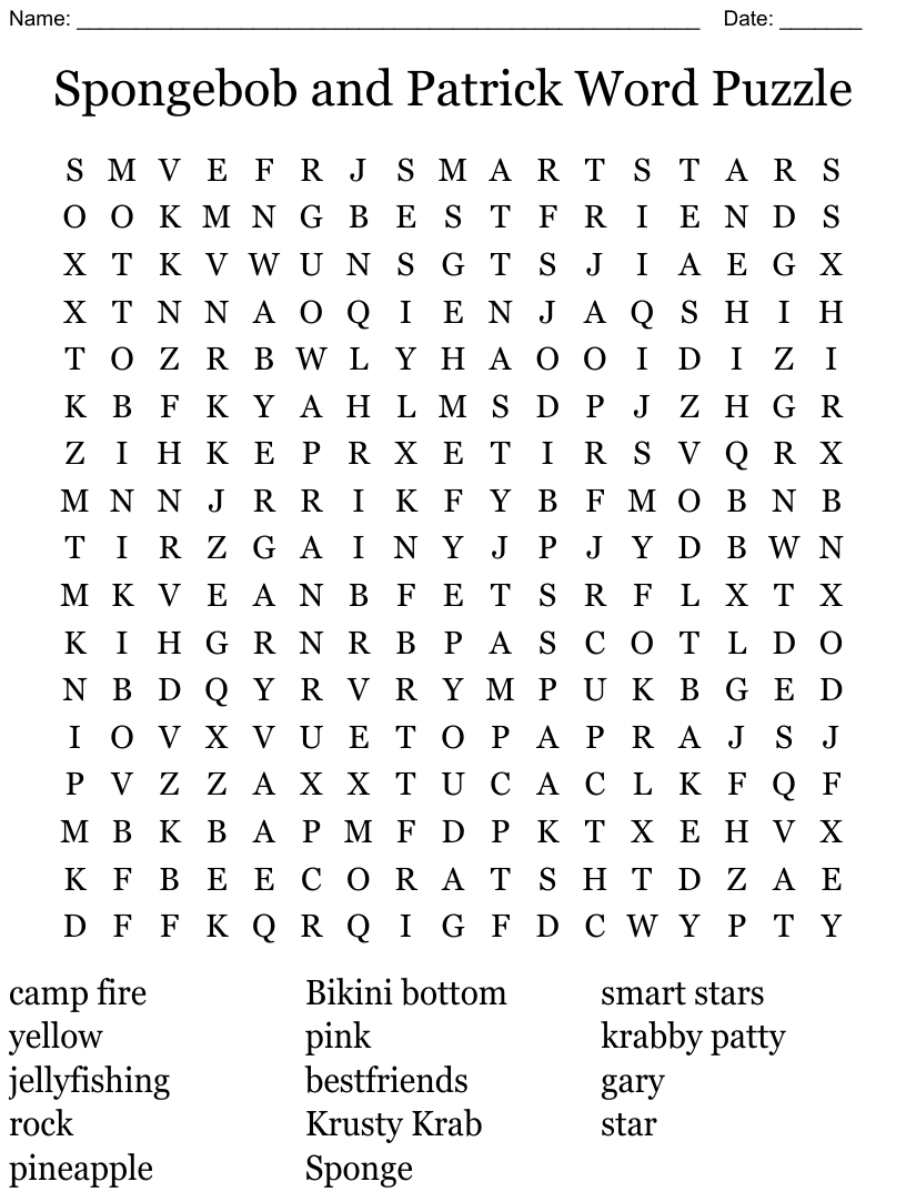 Spongebob and patrick word puzzle word search