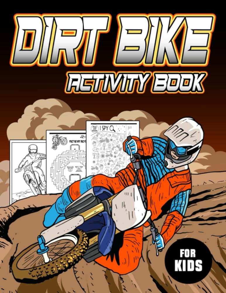 Dirt bike activity book for kids fun activities like mazes spot the difference word search and crossword scramble words coloring pages and more including puzzles answers wizard rainbow books