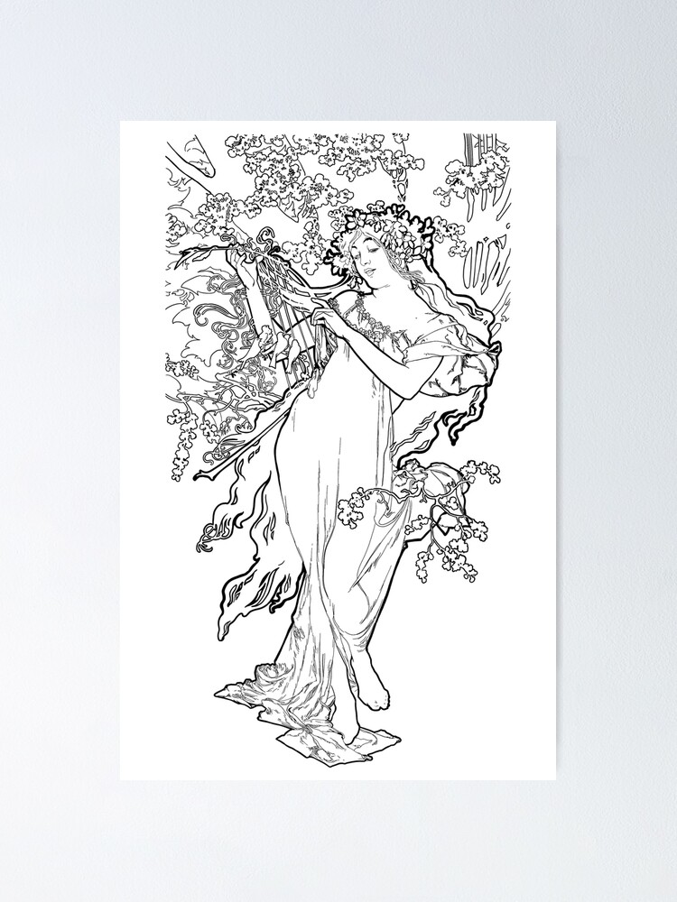 Alphonse mucha coloring book page poster for sale by alienpharaoh