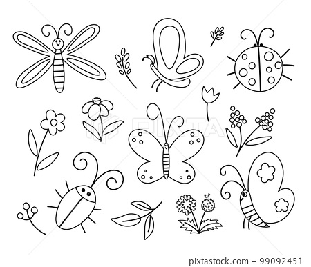 Vector black and white insect and first flower