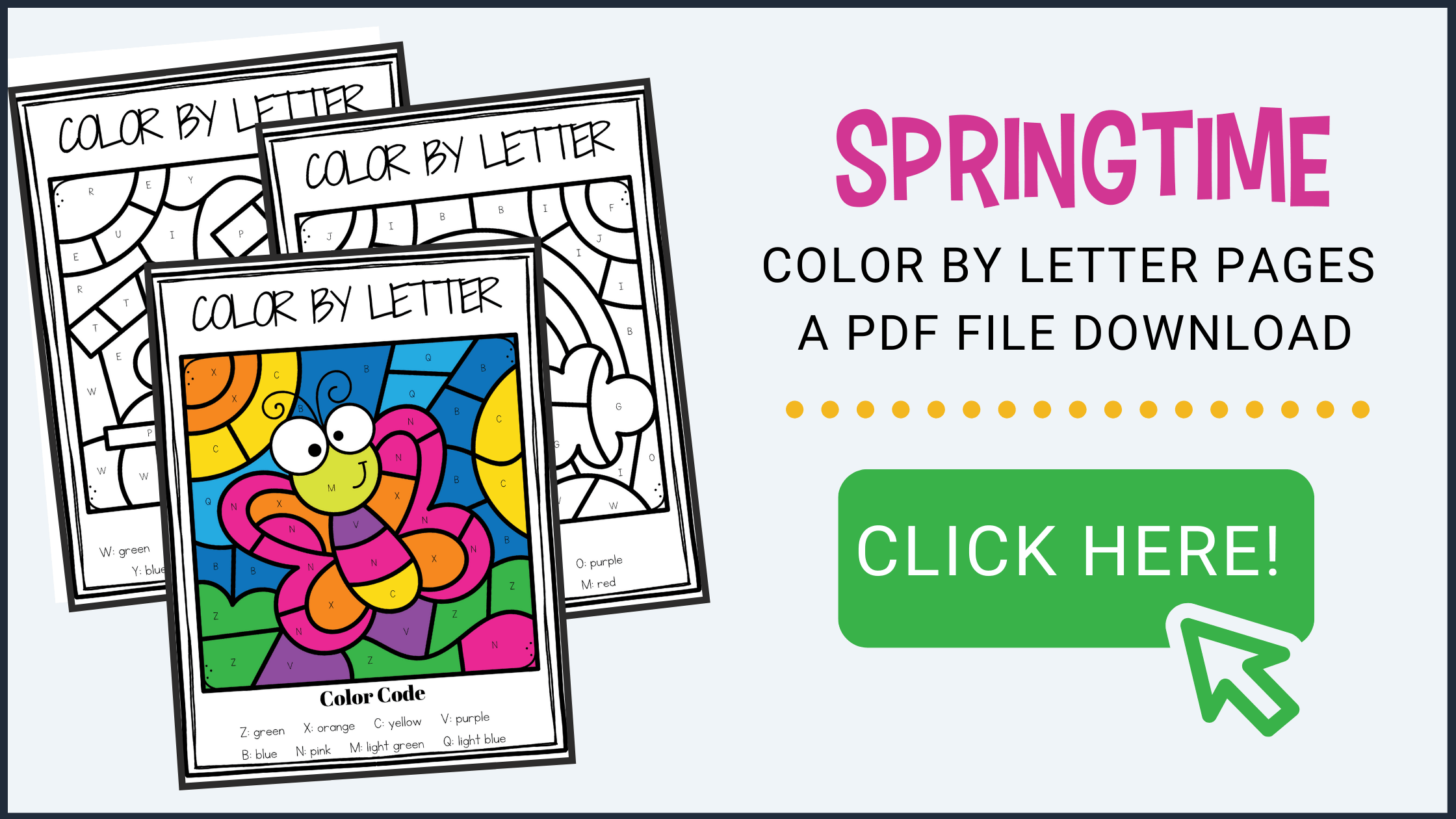 Free printable spring color by alphabet worksheets