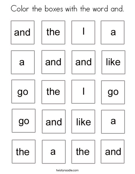 Color the boxes with the word and coloring page