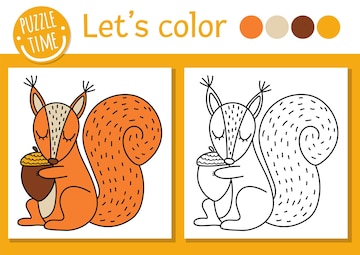 Premium vector forest coloring page for children with squirrel vector autumn holiday outline illustration with cute animal woodland color book for kids with colored example drawing skills printable worksheetxa