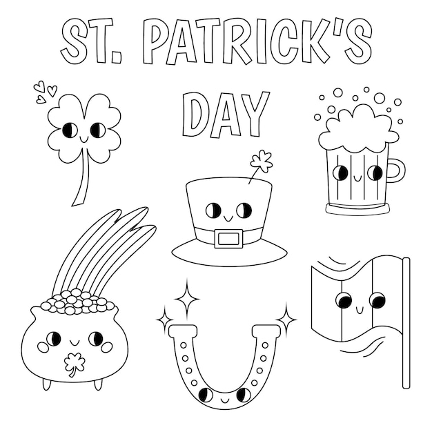 Premium vector hand drawn outline st patricks day set cute groovy retro clipart elements ireland coloring book s s s cartoon style