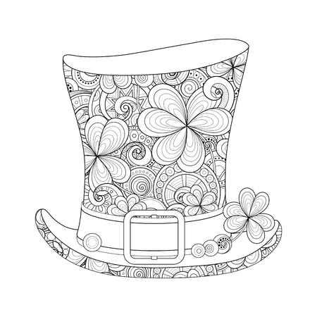 Leprechaun vintage top hat illustration monochrome doodle st patrick day symbol decorative ornament with clover leaf abstract coins and swirl coloring book page vector contour illustration royalty free svg cliparts vectors and