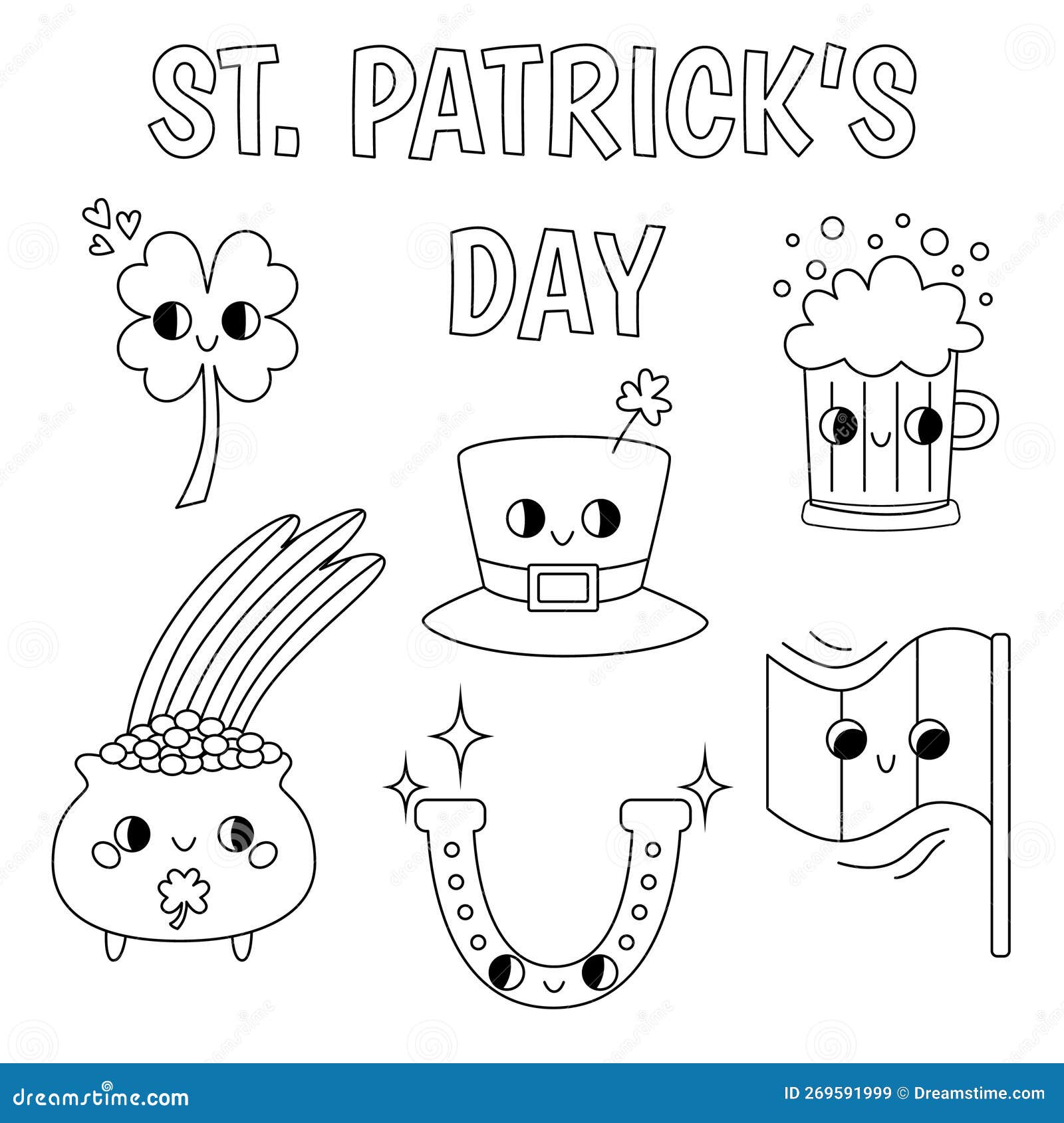 Hand drawn outline st patrick s day set cute groovy retro clipart elements ireland coloring book stock vector