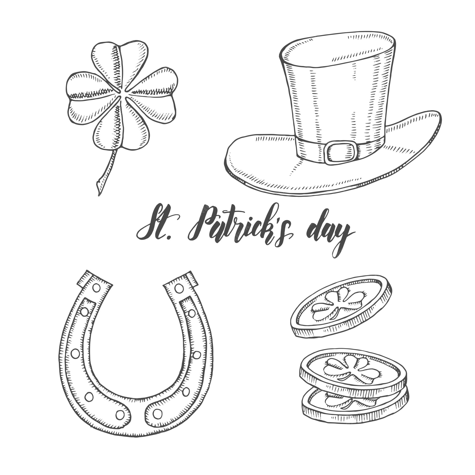 Premium vector hand drawn vintage set for st patricks day st patricks hat horseshoe four
