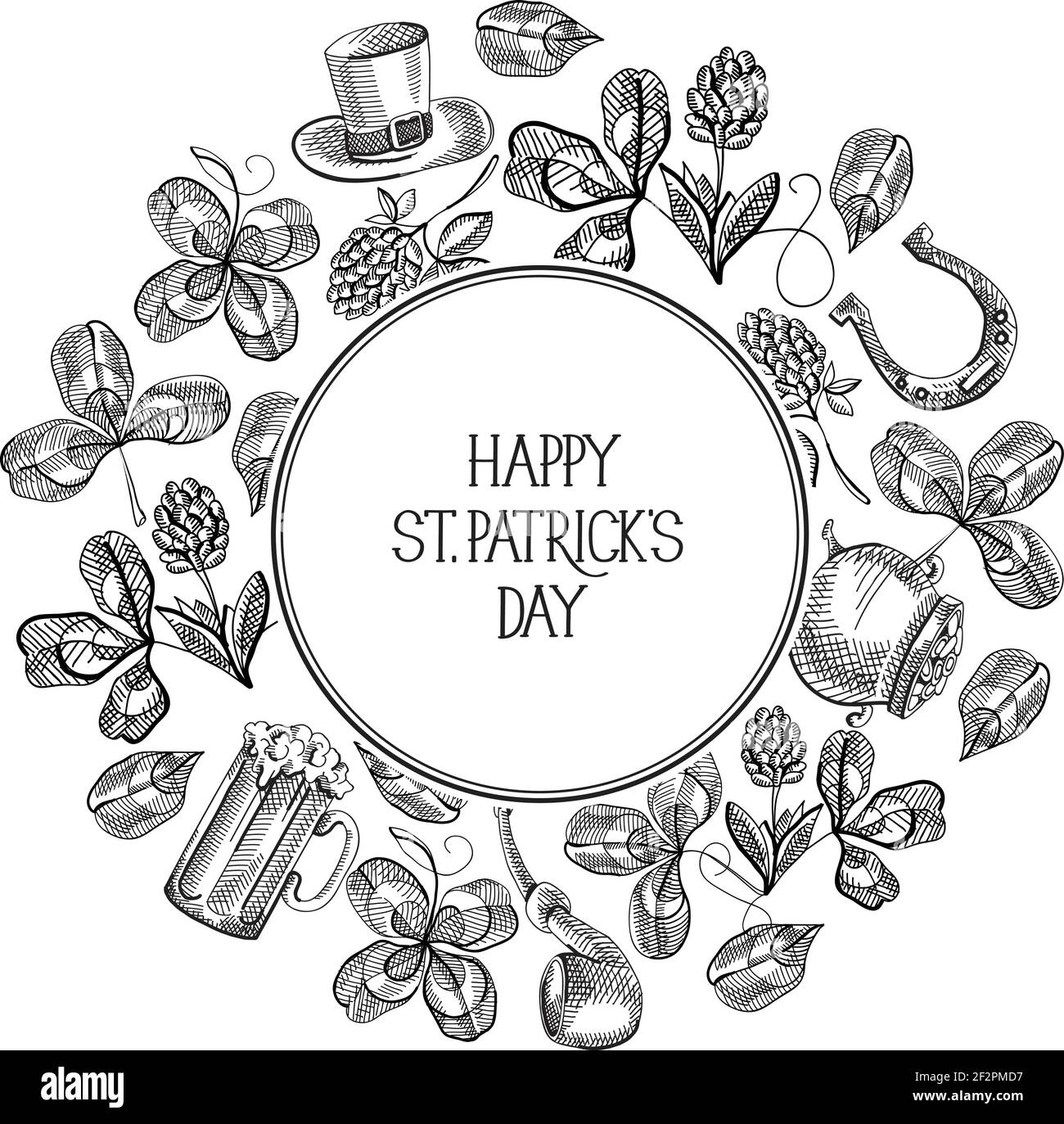 Festive vintage st patricks day poster with inscription and sketch traditional symbols on light background vector illustration stock vector image art