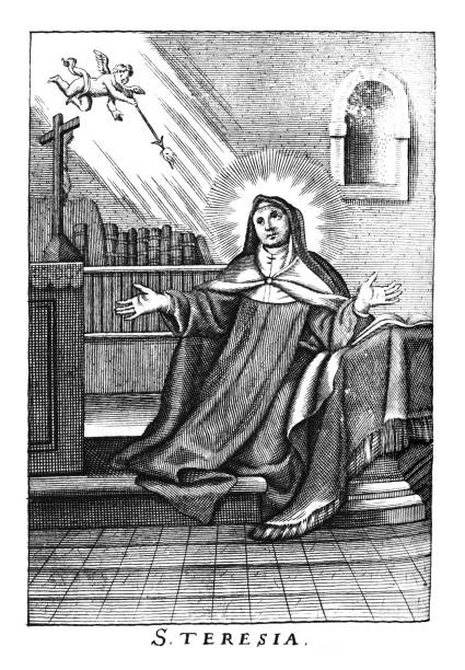 Vintage antique religious allegorical drawing or engraving of nun or christian holy woman saint teresa stock illustration