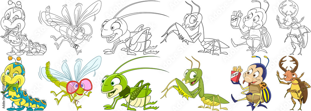Cartoon animals set collection of garden insects and bugs caterpillar dragonfly grasshopper mantis colorado potato beetle stag bug coloring book pages for kids vector