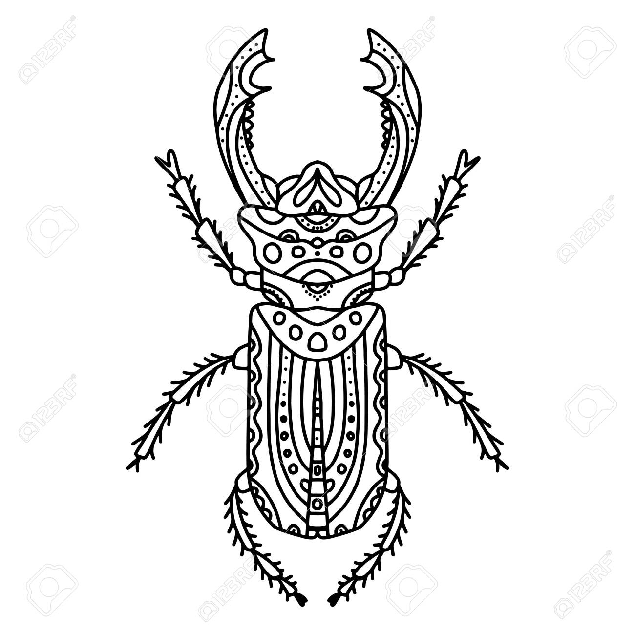 Vector antistress coloring book with beetle with horns a series of coloring pages with insects coloring page with small details stag beetle black and white coloring line art royalty free svg cliparts