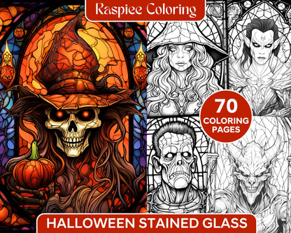 Halloween stained glass grayscale coloring pages printable for adul â coloring