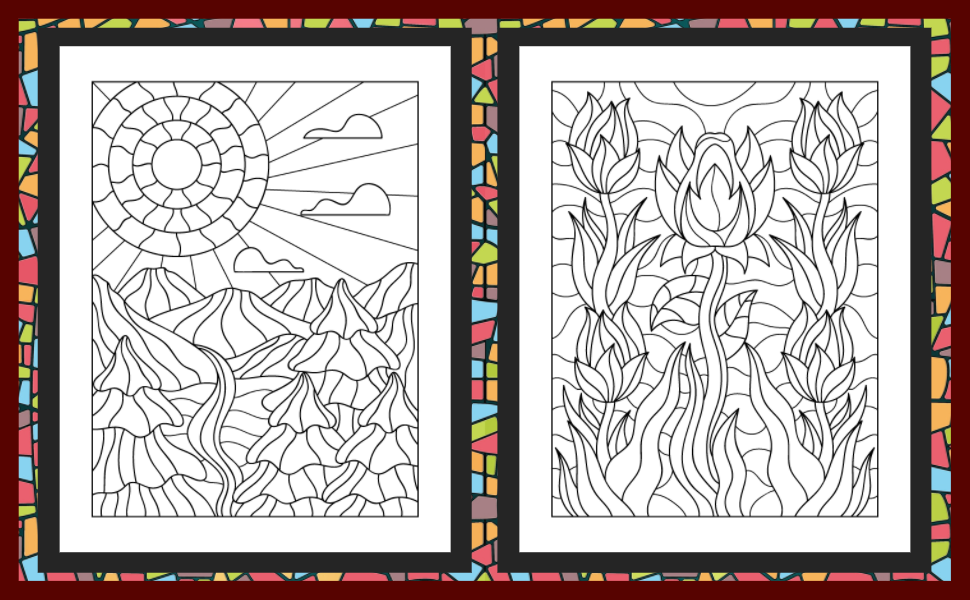 Stained glass coloring book nature scenes stained glass patterns adult coloring book for stress relief media mint sky books