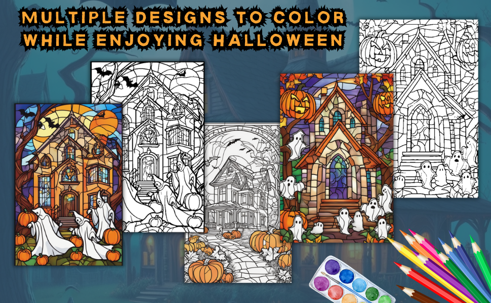 Halloween stained glass coloring book stained glass spooky coloring book for adults and teens