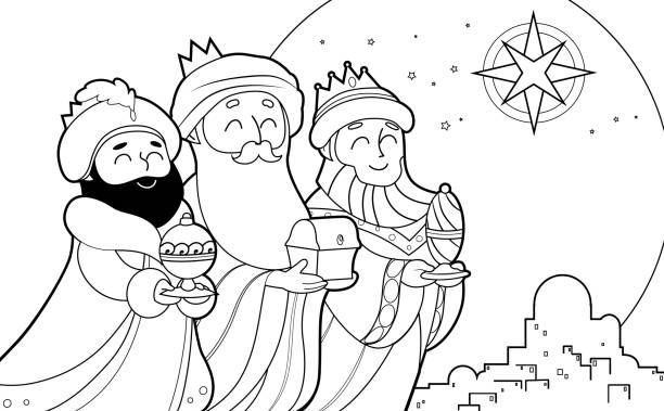 Three wise men with gifts to bethlehem coloring page stock illustration