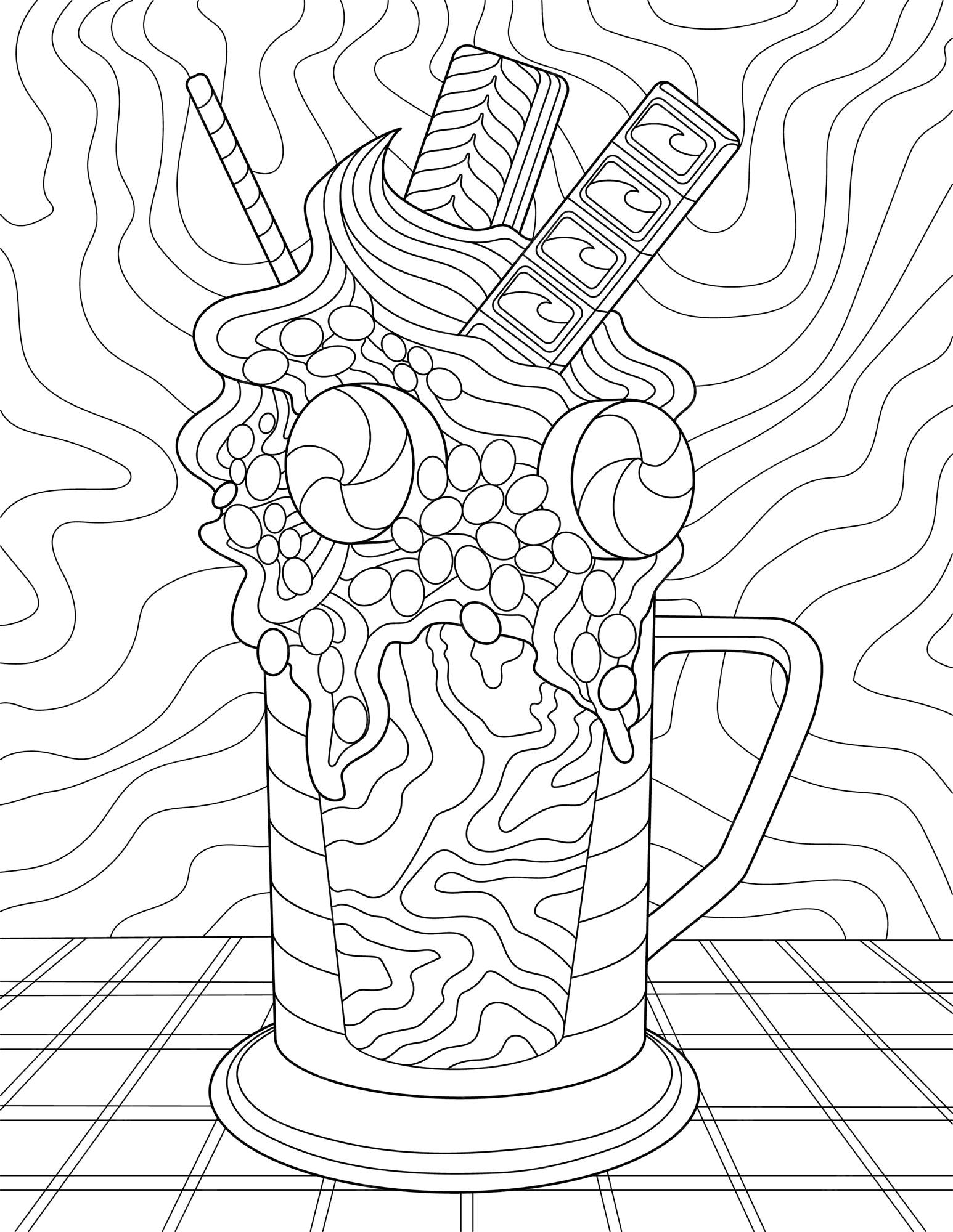 Premium vector coloring book page with cup full with chocolates and sweets on table with cloth sheet to be colored with mug filled with drink and candies dessert set on counter