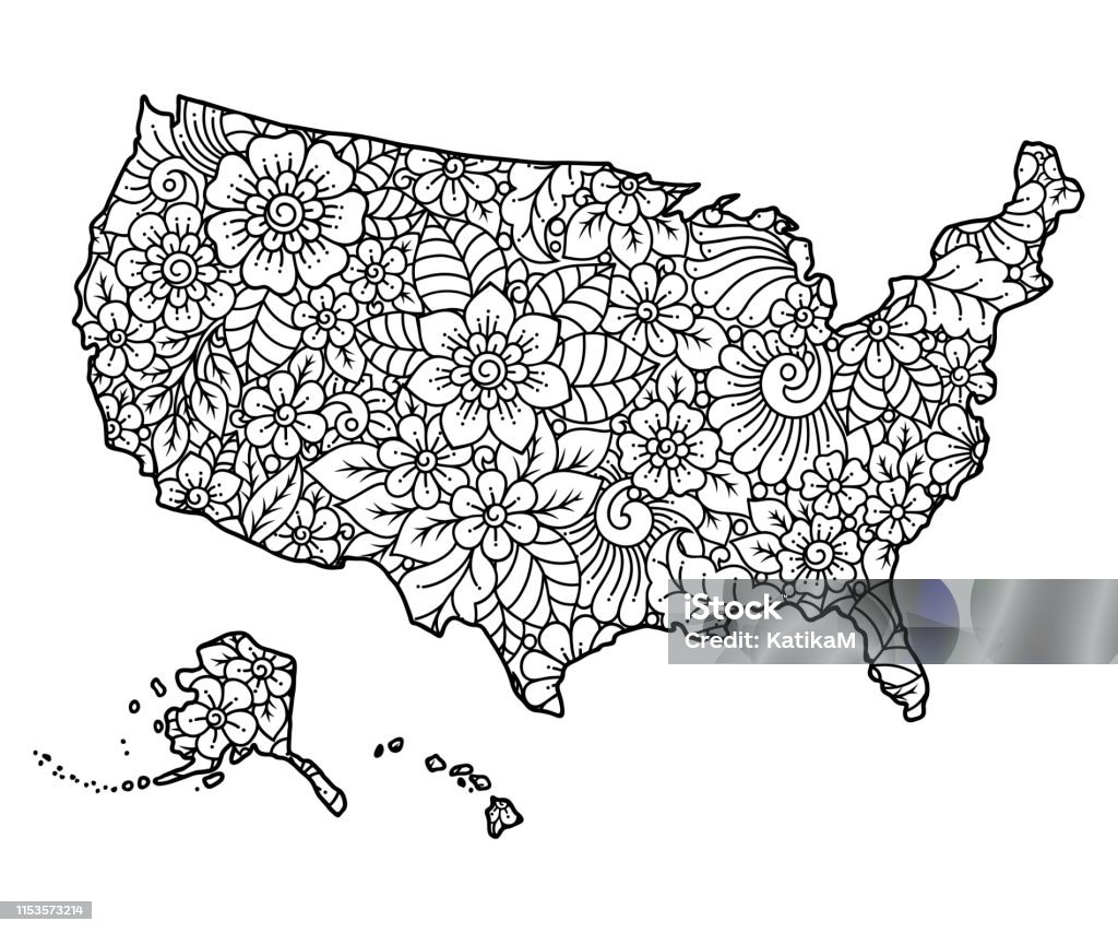 Mappa del contorno degli stati uniti damerica piena di un motivo floreale dettagliato ornamento floreale in stile mehndi orientale pagina del libro da colorare