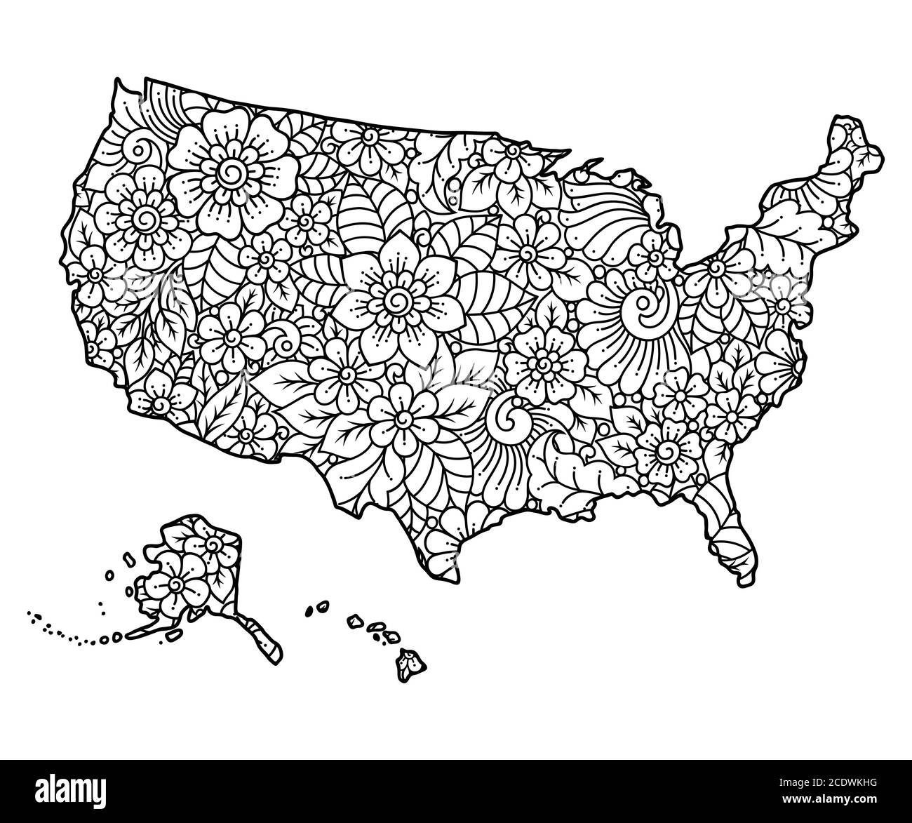 Mappa degli stati uni damerica con un motivo floreale ricco di dettagli ornamento floreale in stile orientale mehndi pagina del libro da colorare immagine e vettoriale