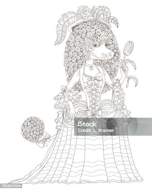 Fairy tale poodle dogs characters dressed in a vintage costume linear brown contour doodle sketch anti stress adults and children coloring book page stock illustration