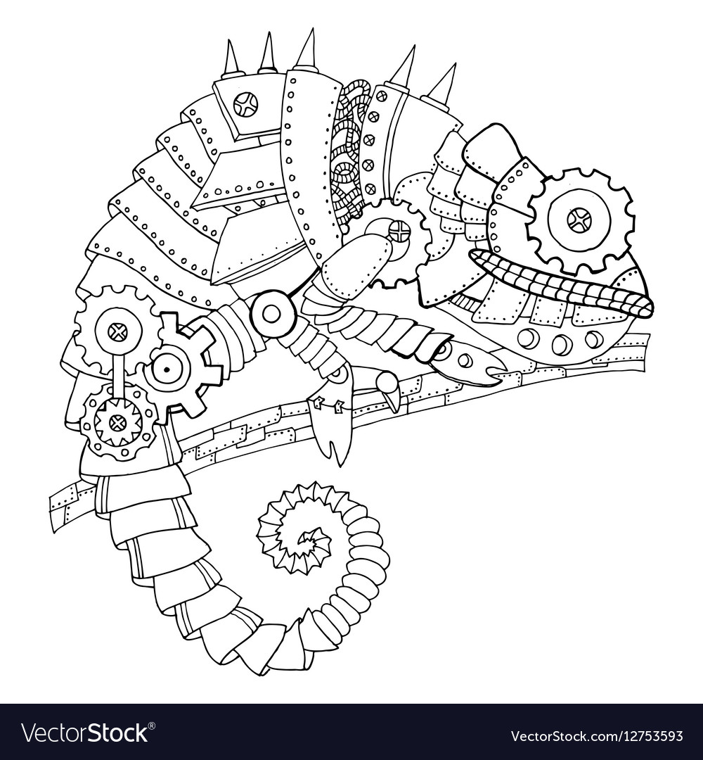 Steampunk style chameleon coloring book royalty free vector