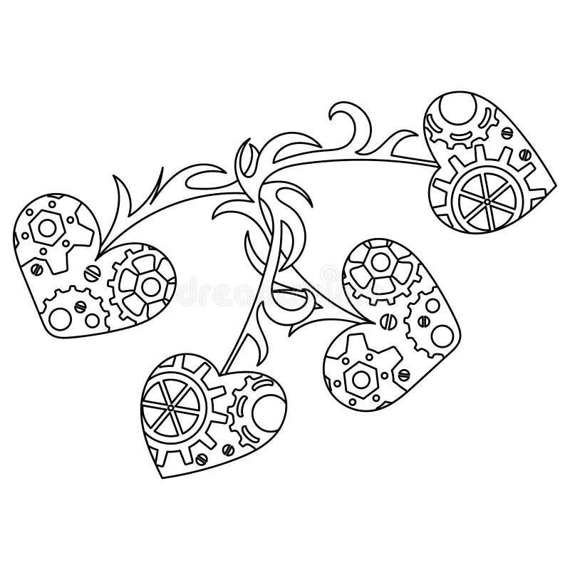 A steampunk coloring book hand drawn intertwined hearts mechanical parts gears stock vector