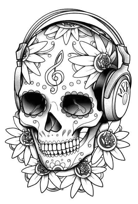 Skull listening to music and sunflower coloring page