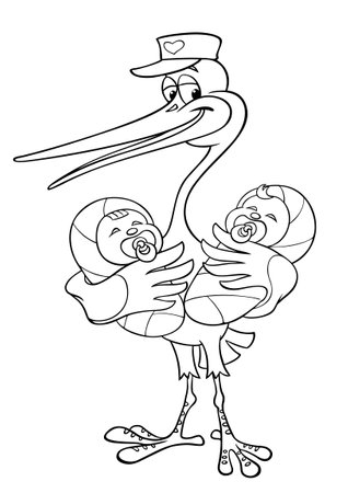 Cartoon stork with a newborn stork with twins a stork delivers newborn twins vector outline drawing of a stork with a baby isolated on white royalty free svg cliparts vectors and stock