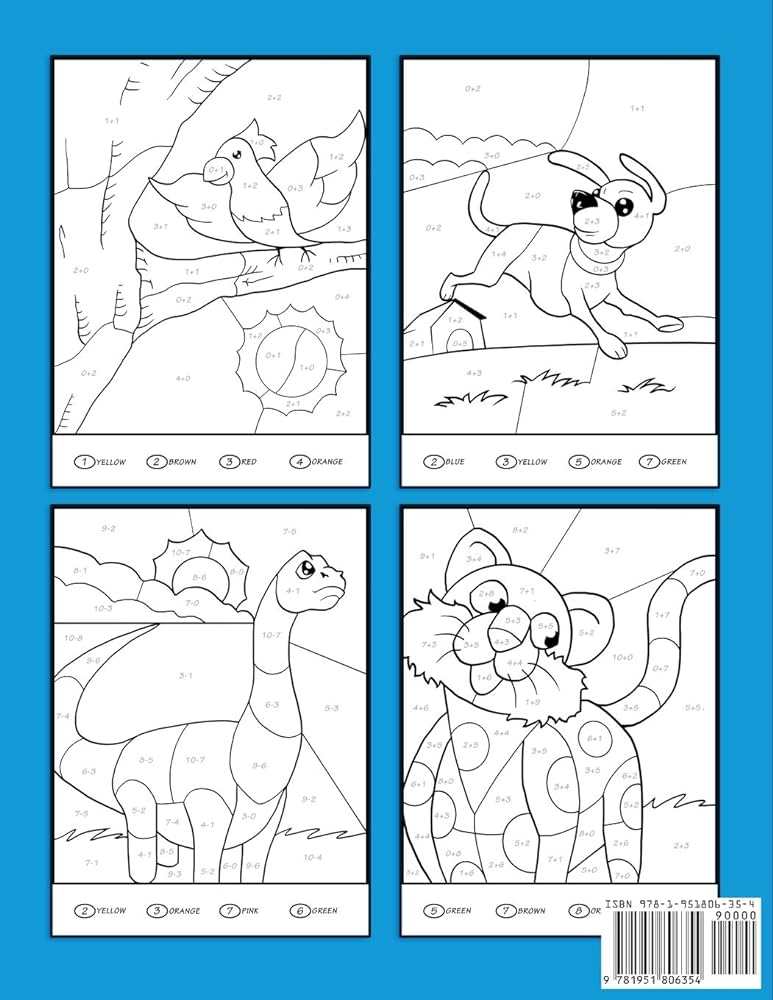 Addition subtraction color by numbers coloring book for kids solve for numbers