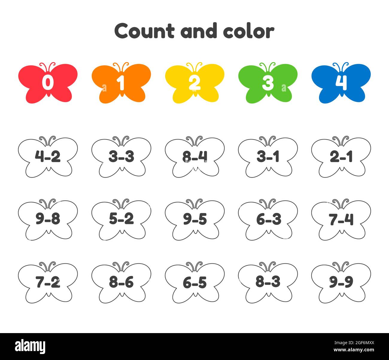 Vector illustration coloring book number for kids worksheet for preschool kindergarten and school age subtraction count and color butterflies stock vector image art