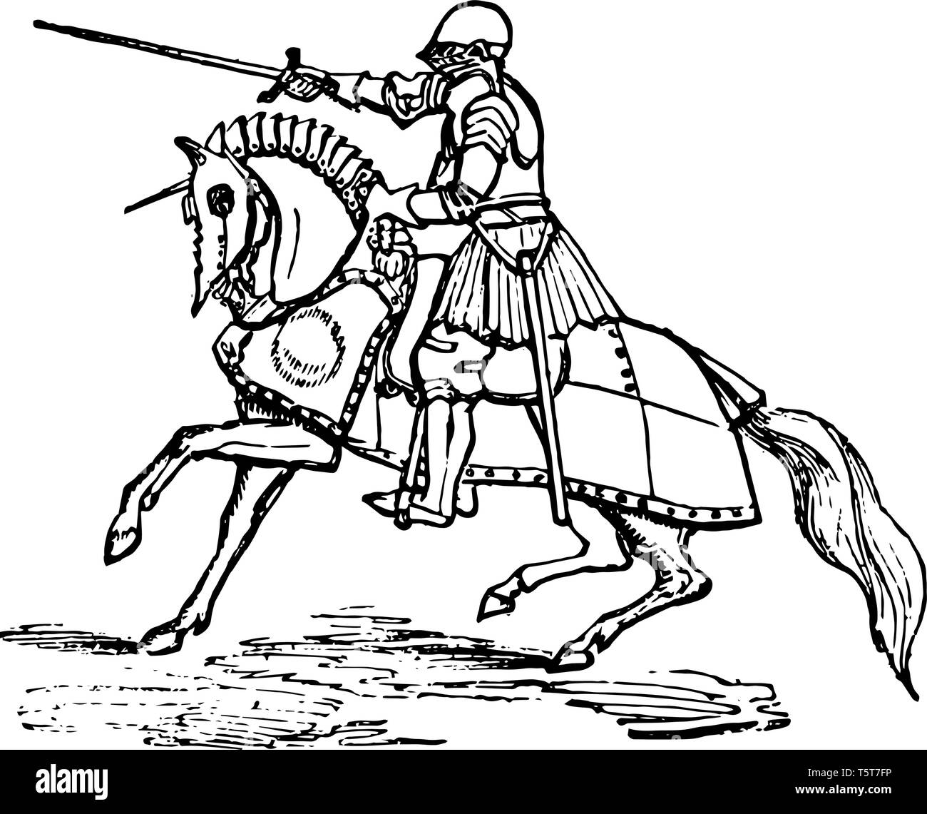 Suit of armor is a man wearing a full suit of armor riding a horse vintage line drawing or engraving illustration stock vector image art