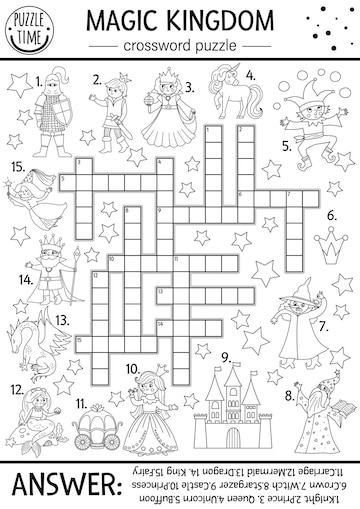 Premium vector vector fairytale black and white crossword puzzle for kids simple line magic kingdom quiz with fantasy creatures educational activity with knight castle princess unicorn cross word coloring pagexa