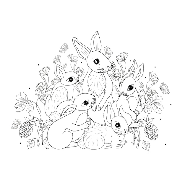 Premium vector black and white antistress childrenadult coloring pages with fluffy bunnies summer doodle coloring