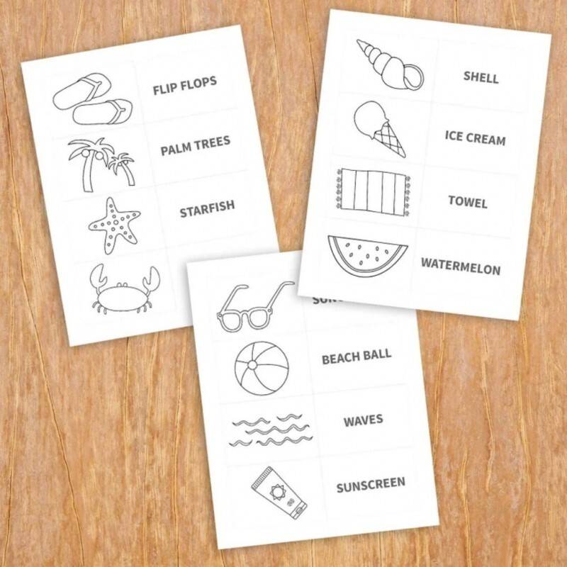 Summer colour and match game printable kids summer activity learn english words summer learning educational english flashcards