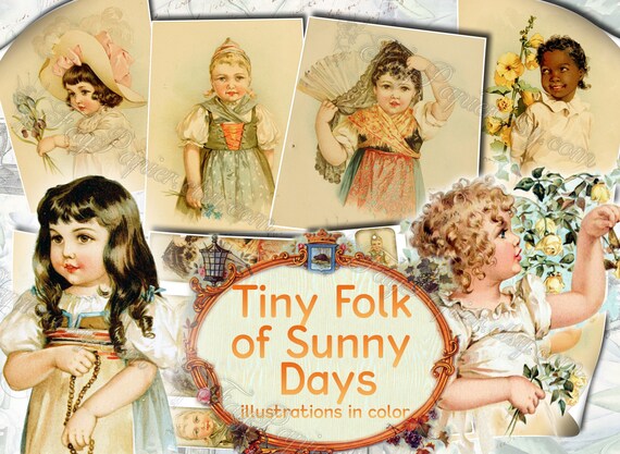 Tiny folk of sunny days illustrations in color set of old illustrations from vintage book pictures images pages x digital papers