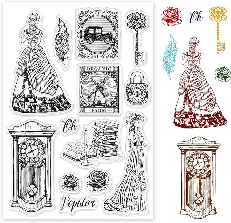 Globleland vintage lady and clock silicone clear stamps rose transparent stamps for birthday valentines day cards making diy scrapbooking photo album decoration paper craft arts crafts sewing